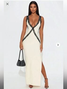 Fashion Nova Ivory Maxi Dress with Black Lace Trim